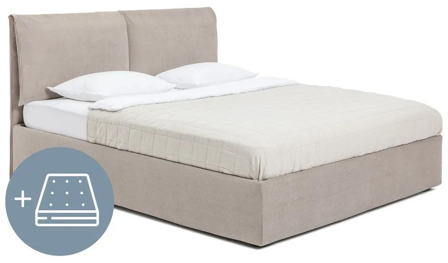 Сиво тапицирано двойно легло с място за съхранение и матрак с решетка 160x200 cm Thessa Pillow - Bonami Selection