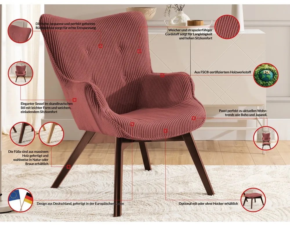 Червен фотьойл с табуретка от рипсено кадифе Niko – Ropez