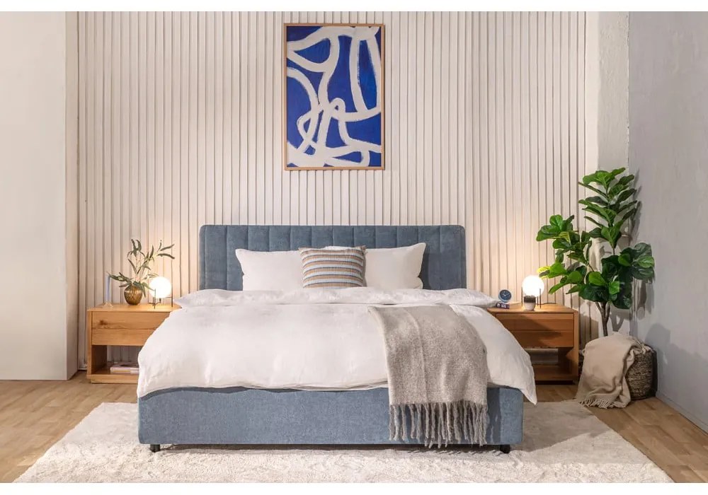 Синьо тапицирано двойно легло с място за съхранение и включена подматрачна рамка 180x200 cm Myra Slim Line – Bonami Selection