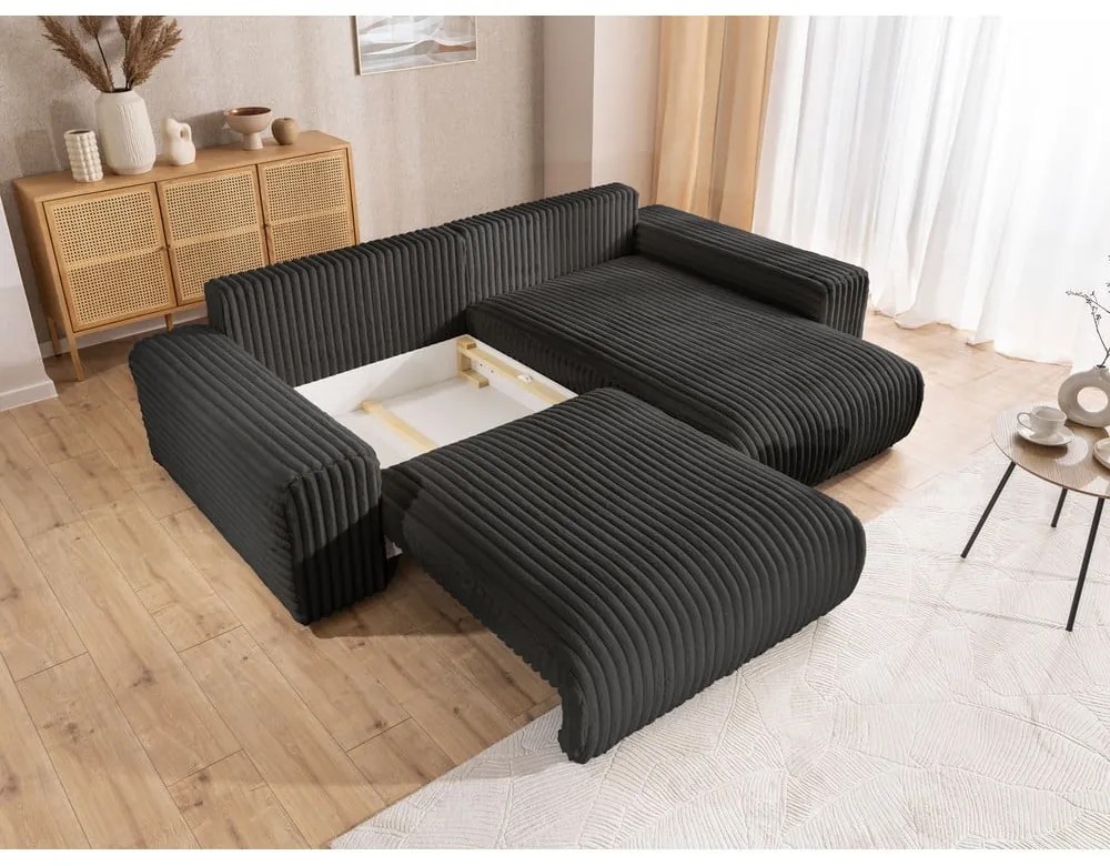 Тъмносив разтегателен ъглов диван от рипсено кадифе с място за съхранение (десен ъгъл) Sarina – Ropez