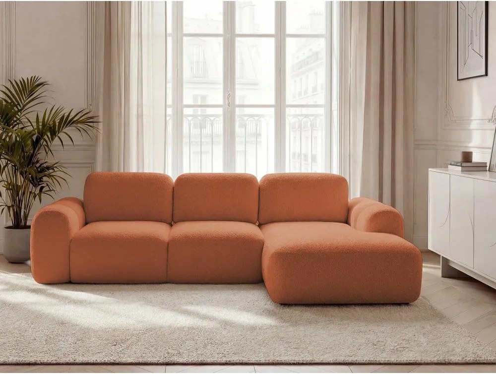 Оранжев сгъваем/с място за съхранение ъглов диван от прежда с примки от букле (десен ъгъл) Montaigne – Bobochic Paris