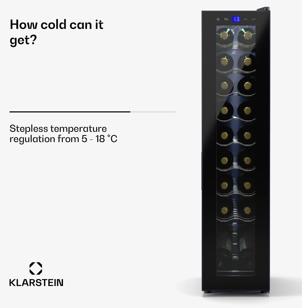 Klarstein Shiraz 18 Slim Uno, хладилник на вино, 18 бутилки, 5 - 18 °C, сензорно управление