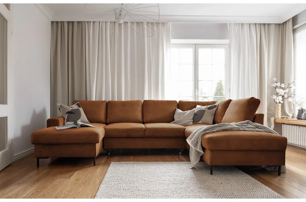 Оранжево-кафяв разтегателен ъглов диван от рипсено кадифе (десен ъгъл) Lofty Lilly – Miuform