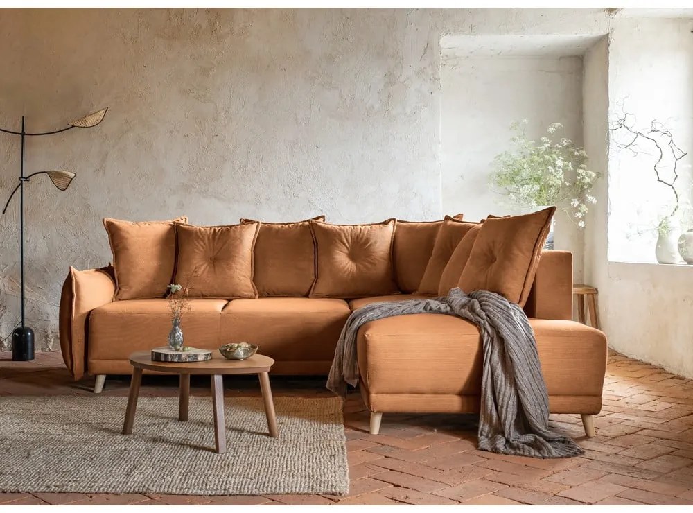 Ъглов разтегателен диван от велур в тухлен цвят (десен ъгъл) Lazy Lukka - Miuform