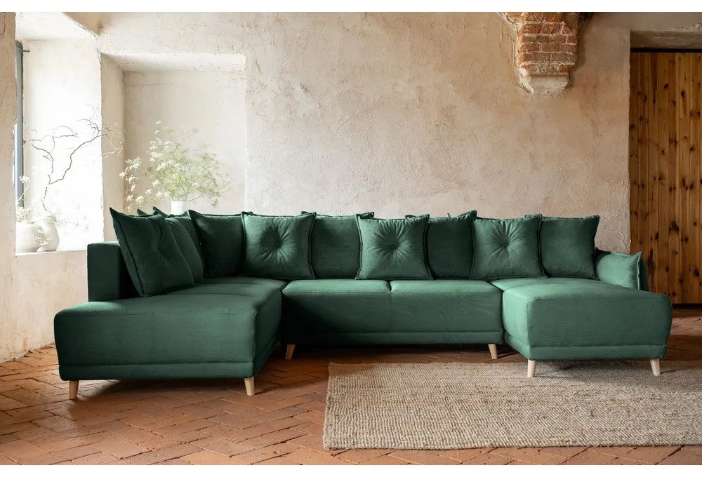 Ъглов разтегателен диван от зелен велур (ляв ъгъл/"U") Lazy Lukka - Miuform