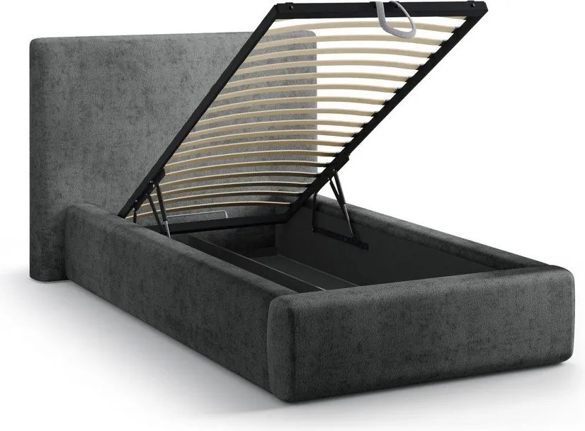 Тъмносиво единично легло 90x200 cm тапицирано с място за съхранение с включена подматрачна рамка Amy – Micadoni
