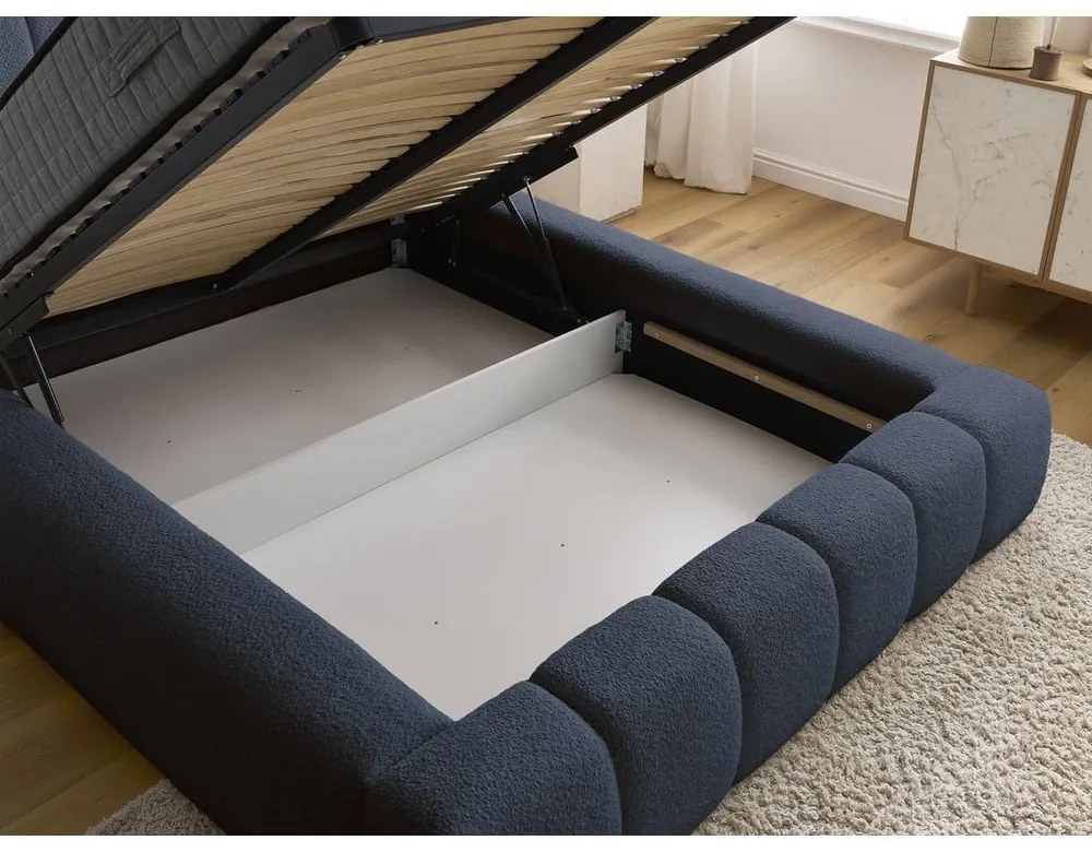 Тъмносиньо двойно тапицирано легло с място за съхранение с включена подматрачна рамка 160x200 cm Denali – Bobochic Paris