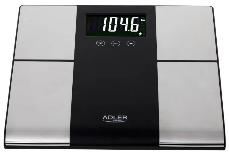 Кантар Adler AD 8165, До 225 кг, Памет за до 10 потребителя, LCD дисплей, 3 x AAA, Инокс/Черен