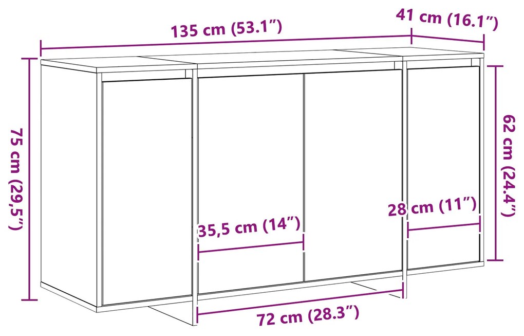 Sonata H Сив страничен шкаф Сив сонома Инженерна дървесина 135 x 41 x 75 см