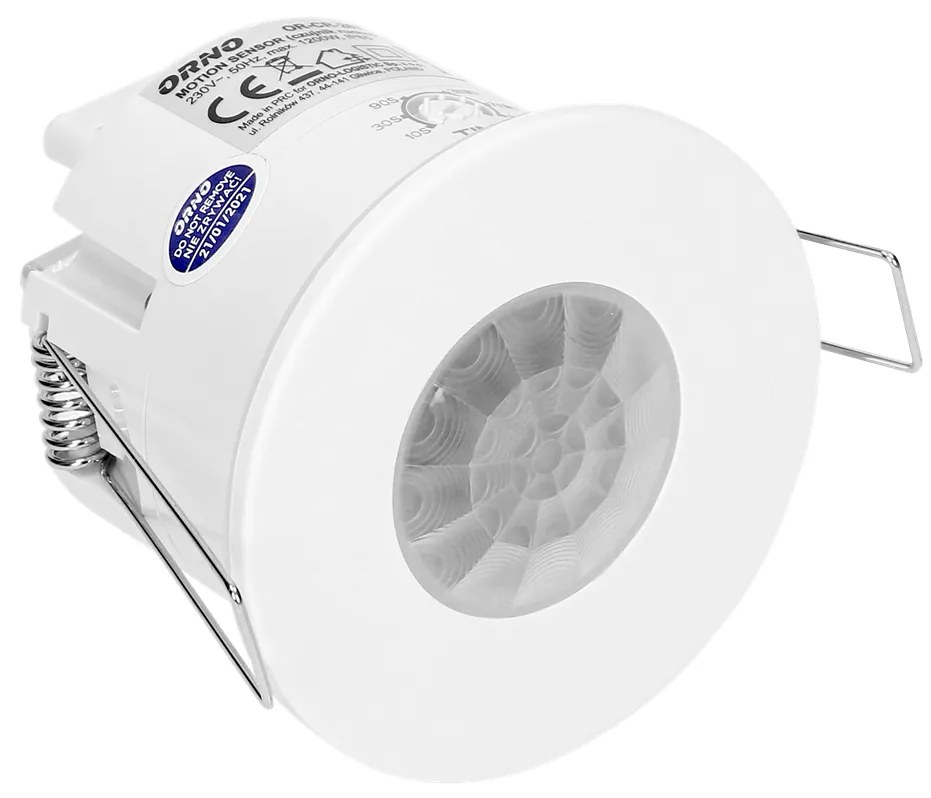 ORNO Датчик за движение PIR, за вграждане в таван, 360°, обхват D6m @ h2.5m, IP65, цвят Бял  - OR-CR-267