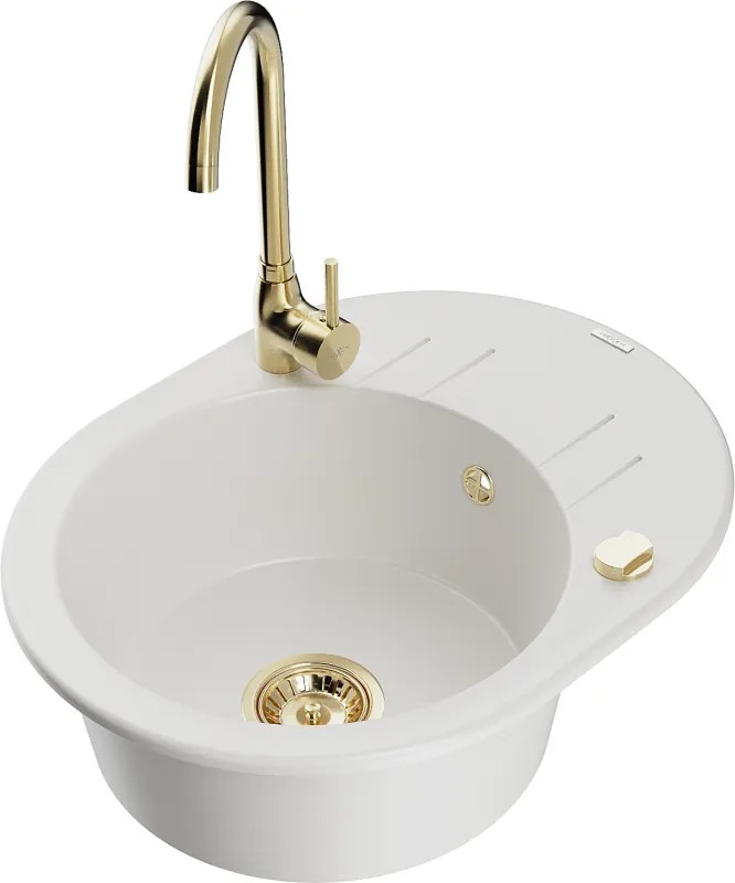 Mexen Kevin гранитна мивка с една камера и отцедник с кухненски смесител Telma, бял - 6517-20-670200-50