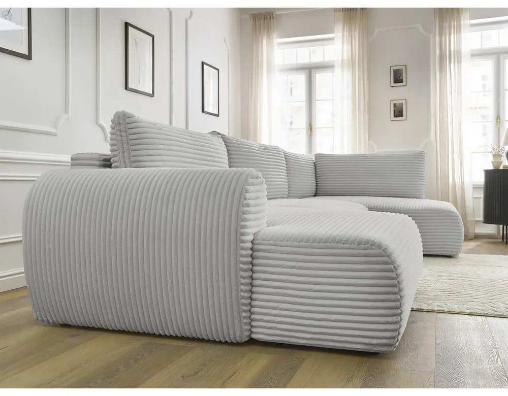 Светлосив разтегателен ъглов диван от рипсено кадифе (ляв ъгъл/"U" форма) Lucien – Bobochic Paris