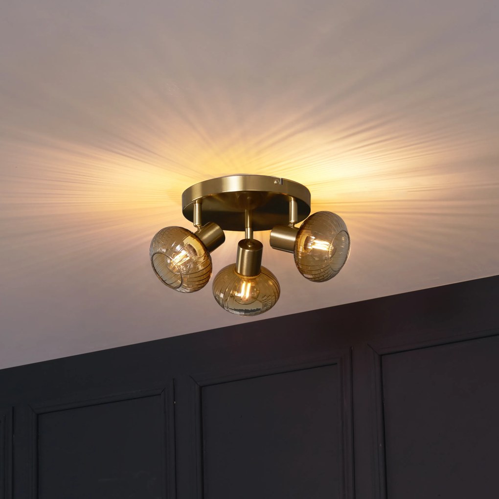 Модерен таванен прожектор златен с кехлибарено стъкло кръгъл 3-светлинен - Теди