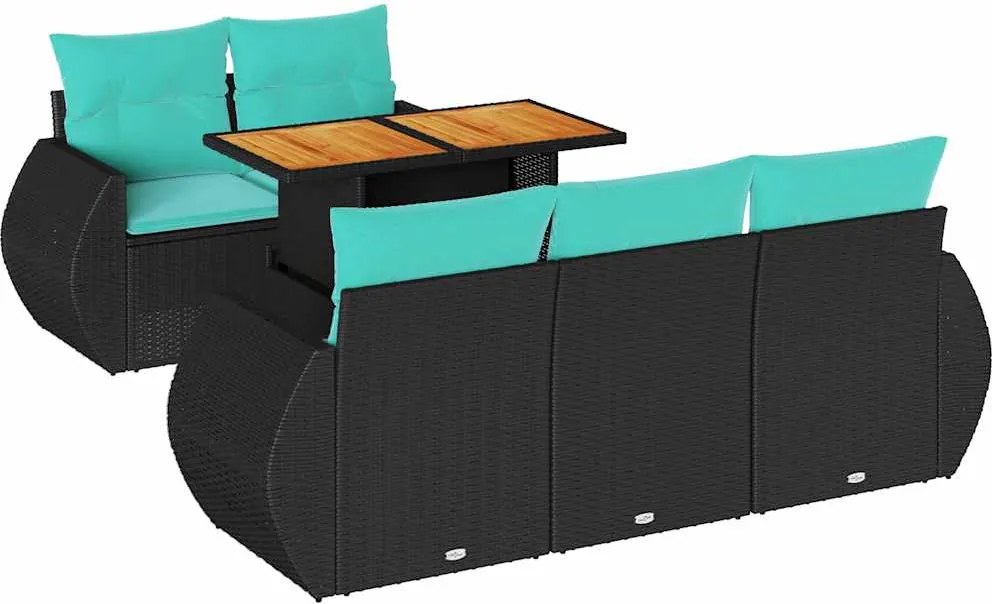 3327214 vidaXL Градински диван с възглавници, 6 части, черен, полиратан