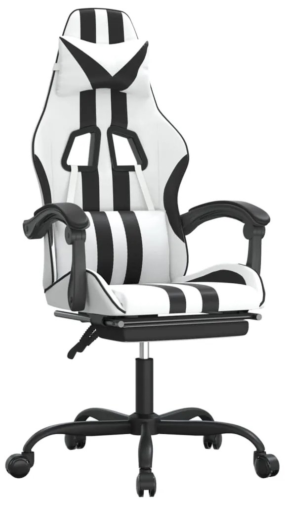 3143840 vidaXL Гейминг стол с опора за крака, бяло и черно, изкуствена кожа