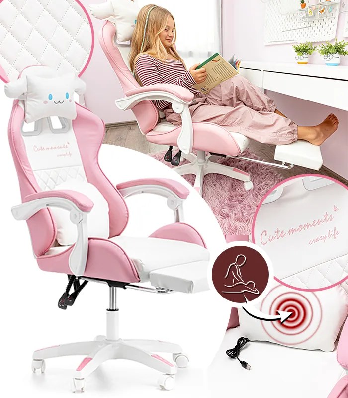 Детски геймърски стол с поставка за крака и масажна облегалка - розов