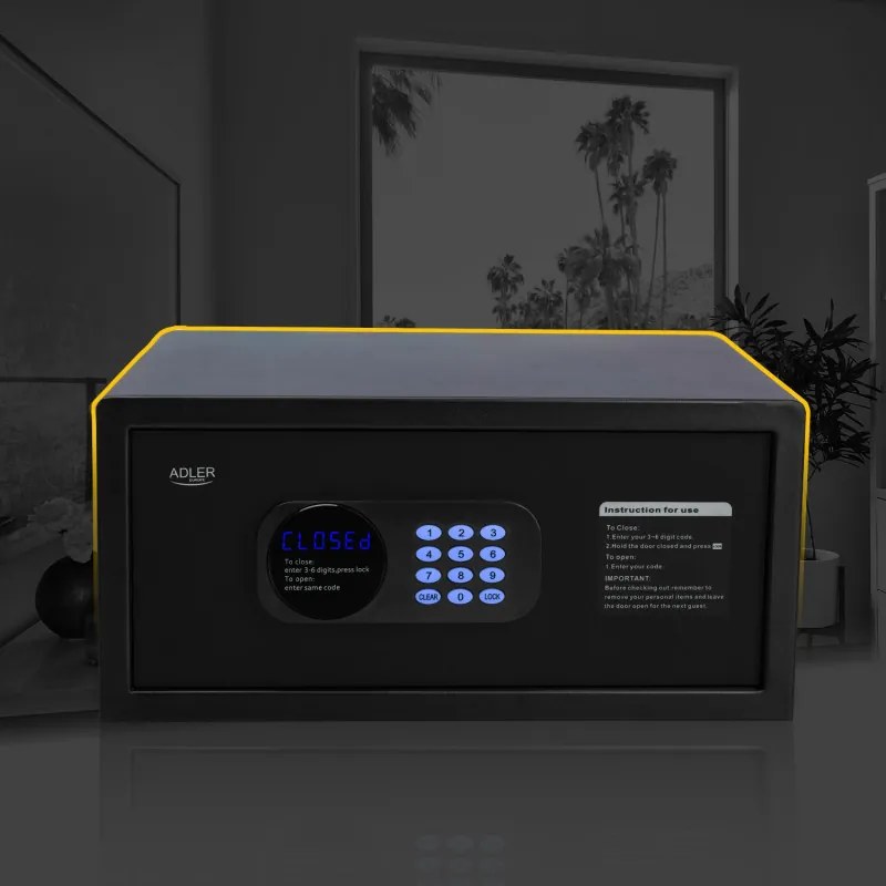 Електронен сейф Adler AD 1045, 200x420x370 мм, 14 л, Блокиране след 4 грешни опита, Предупреждение за изтощена батерия, Черен