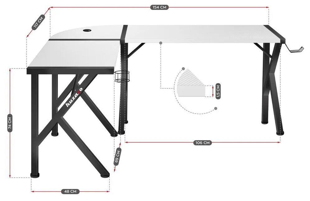 Бюро Huzaro Hero 6.3 Бял Черен Стомана Подложка от Въглеродни Влакна 154 x 74 x 117 cm