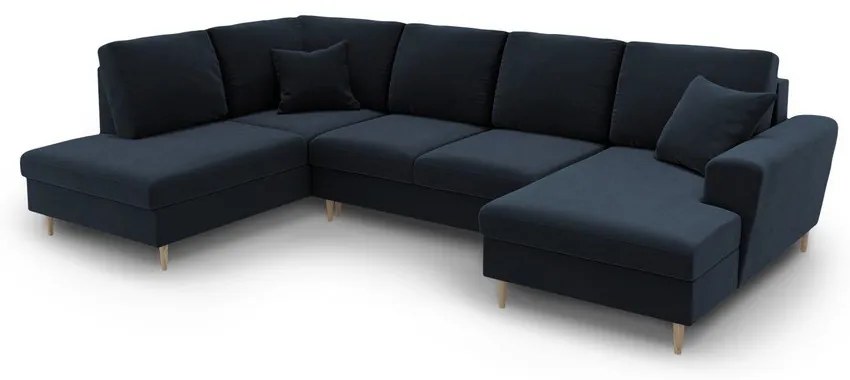 Тъмносин кадифен разтегателен ъглов диван с място за съхранение (ляв ъгъл/U форма) Kyoto – Cosmopolitan Design