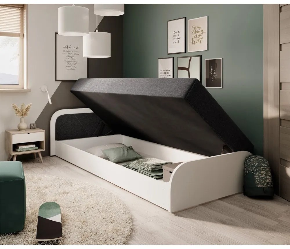 Бяло тъмносиво единично тапицирано легло ПДЧ с място за съхранение с включен матрак 80x190 cm Parys – ELTAP