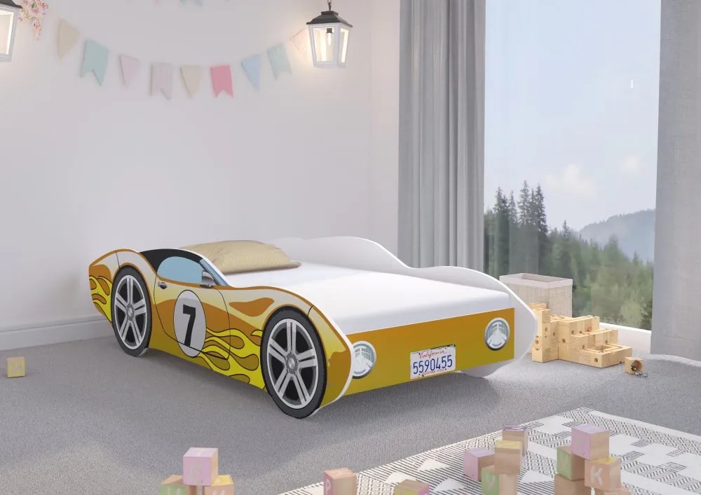 Висококачествено жълто детско легло 160 x 80 cm в таверна със състезателна кола