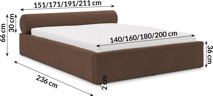 Кафяво тапицирано двойно легло с място за съхранение и включена подматрачна рамка 200x200 cm Cille – Ropez