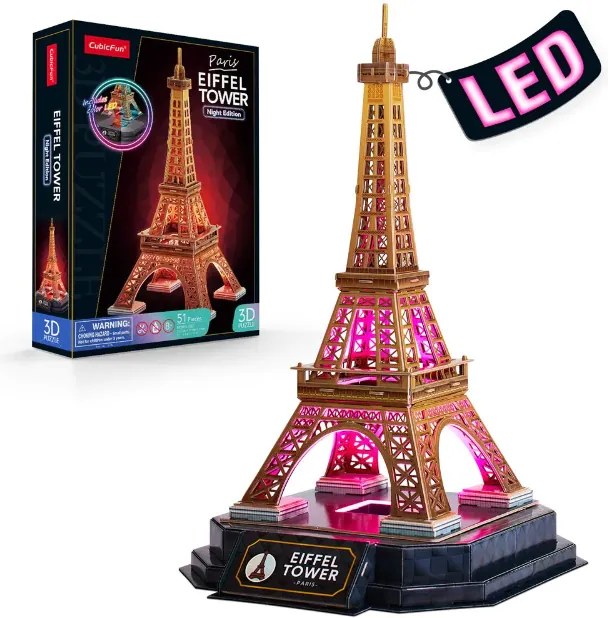 Cubic Fun - Пъзел 3D Eiffel Tower Paris Night Edition Includes Color Led 51ч. L534h