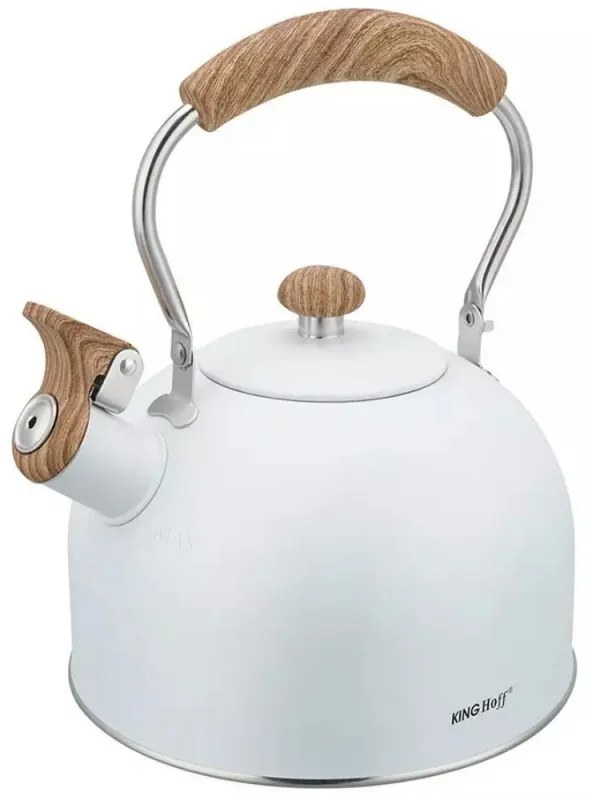 Свирещ чайник Kinghoff KH 1860, 2.5 л, Индукция, Дървена дръжка, Бял