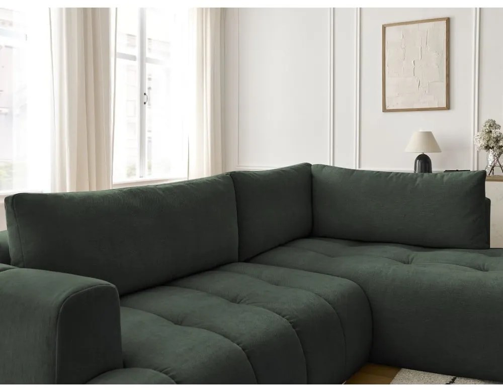 Зелен сгъваем/с място за съхранение ъглов диван (десен ъгъл/L форма) Fuji – Bobochic Paris