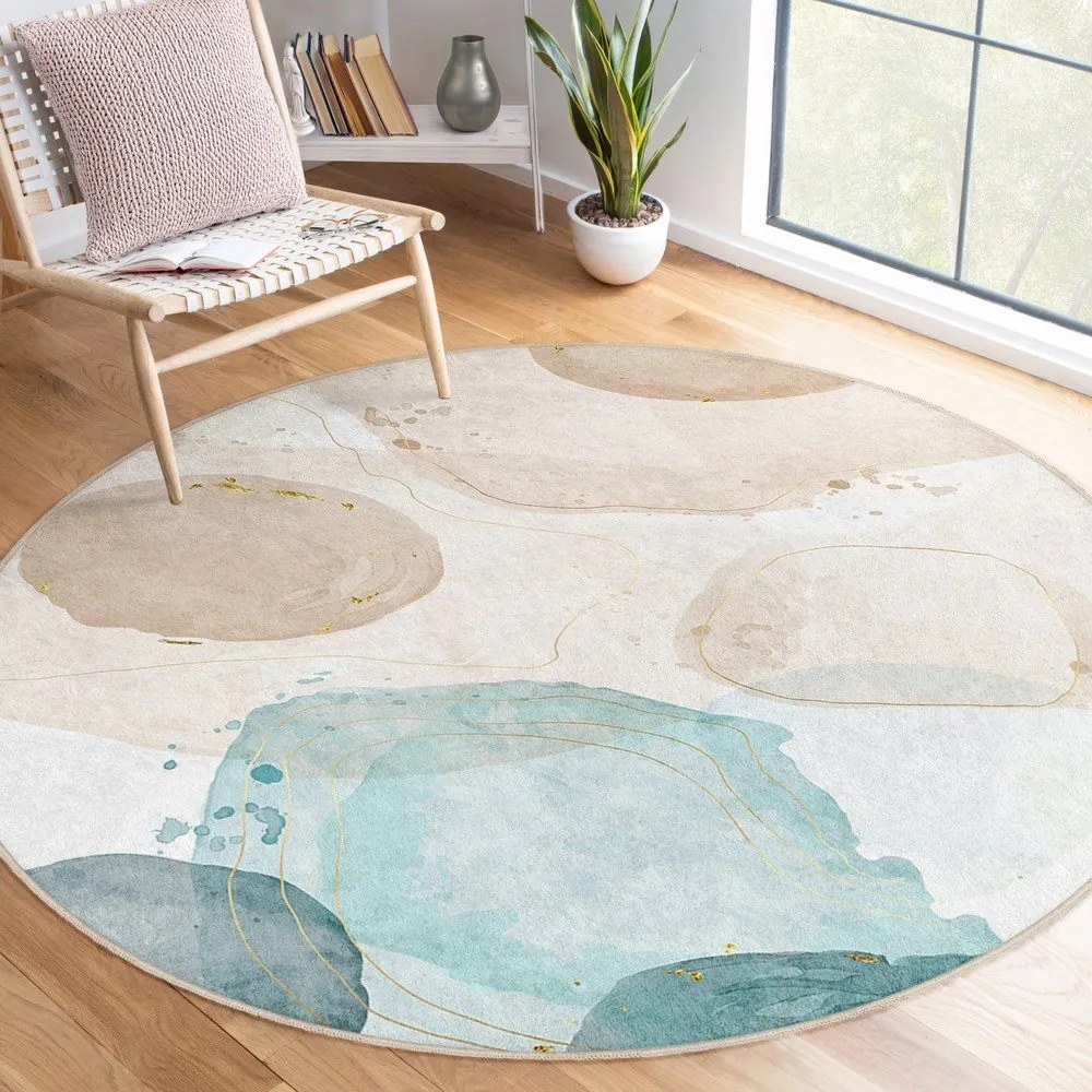 Синьо-бежов кръгъл килим подходящ за пране ø 100 cm Puddle – Mila Home