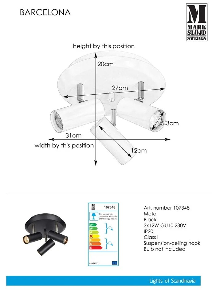 Черна стенна лампа Barcelona Tres - Markslöjd