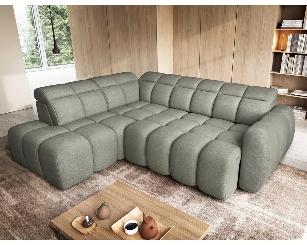 Сиво-зелен разтегателен ъглов диван с място за съхранение от букле (ляв ъгъл L форма) Falconn – ELTAP