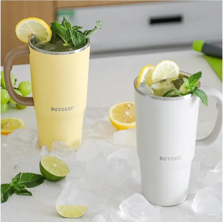 Термочаша с вградена сламка Buydeem DS57-MY, 700 мл, Топло&студено до 6 ч, Вакуумна изолация, Дръжка, Неръждаема стомана, BPA free, Жълт