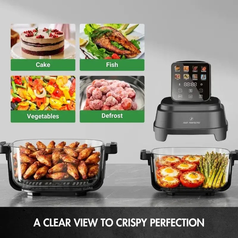 Фритюрник с горещ въздух Just Perfecto JP-AF4GL, 1500 W, 1.5/4 л, 8 програми, 80-200 C, 360° Hot Air Circulation, Термоустойчива стъклена конструкция, Черен