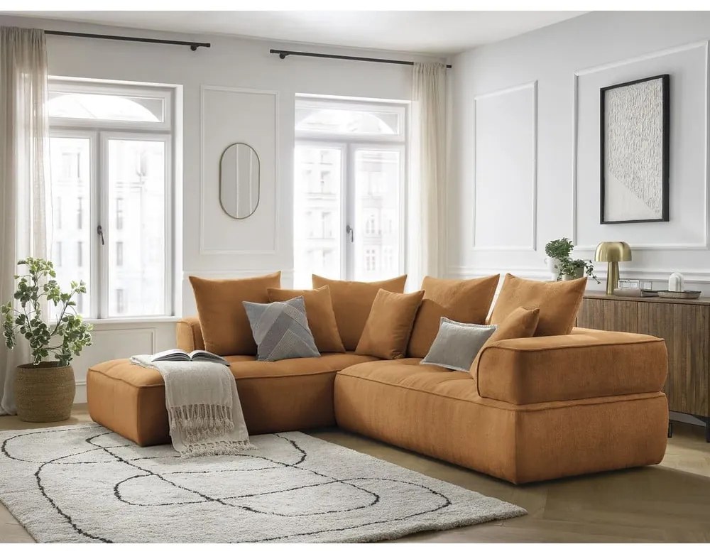 Шенилов ъглов диван в цвят горчица (ляв ъгъл/L форма) Whesley – Bobochic Paris