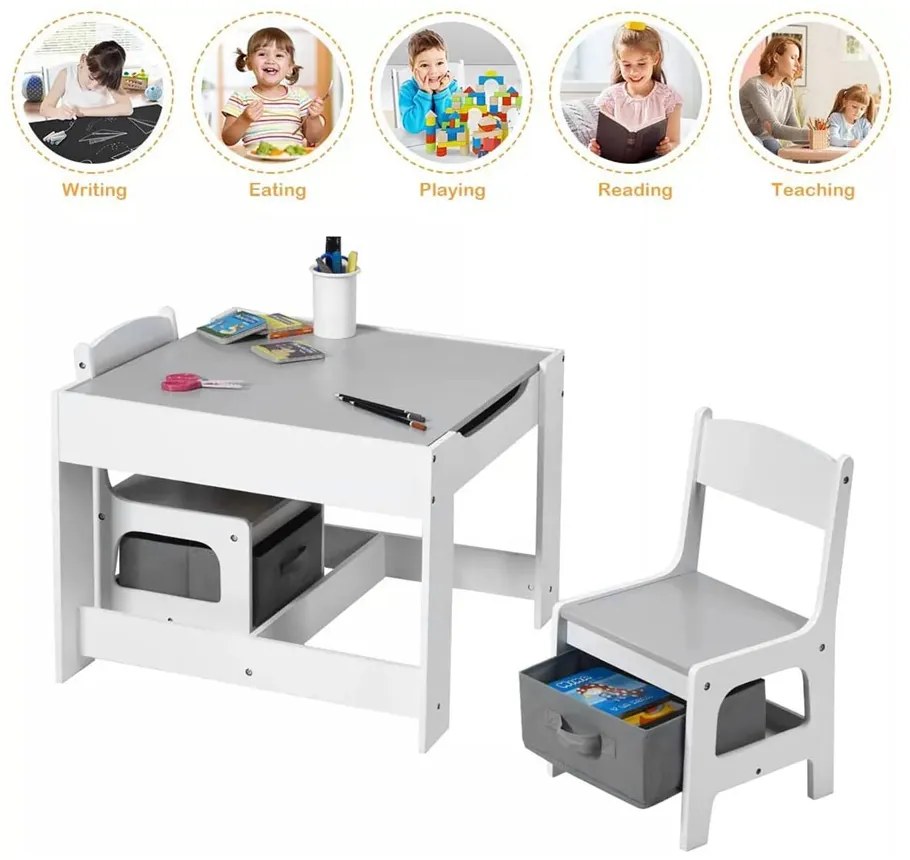 GINGER HOME К-кт дървена маса с 2 столчета 2в1 WHITE/GREY