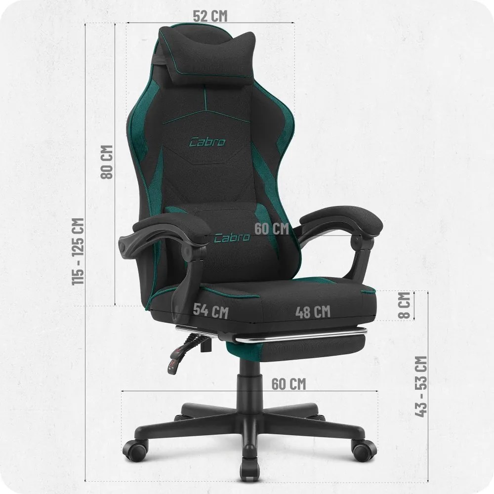 CABRO C502 геймърски стол от плат с подложка за крака, до 150 кг, черен и зелен