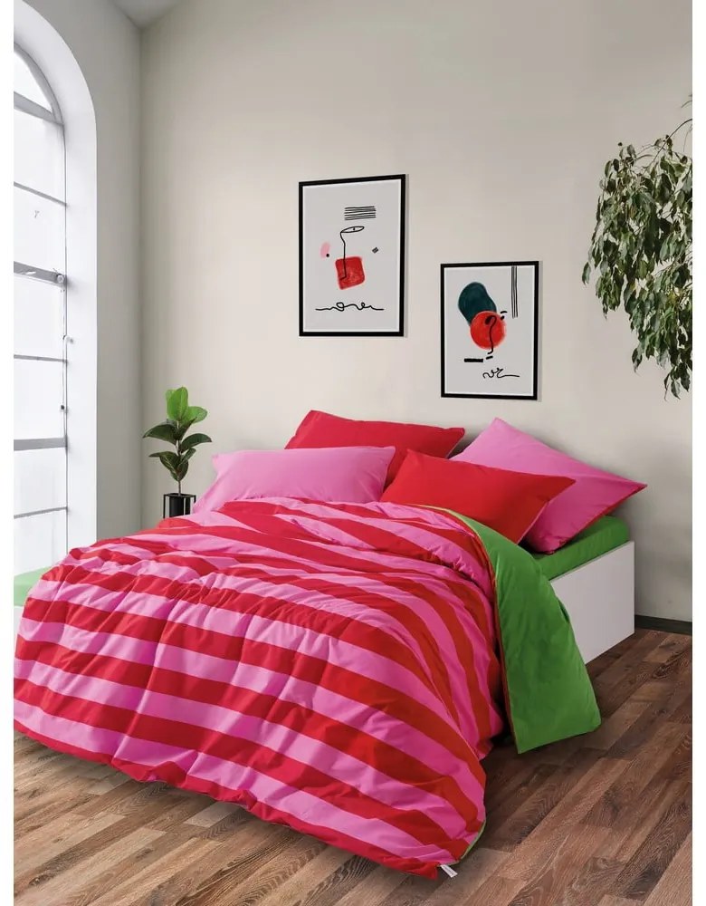 Зелено-розово двойно удължено спално бельо от памук Renforcé с включен долен чаршаф, 4 части 200x220 cm Cherie – Mijolnir