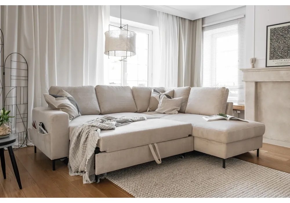 Бежов разтегателен ъглов диван от рипсено кадифе (десен ъгъл) Lofty Lilly – Miuform