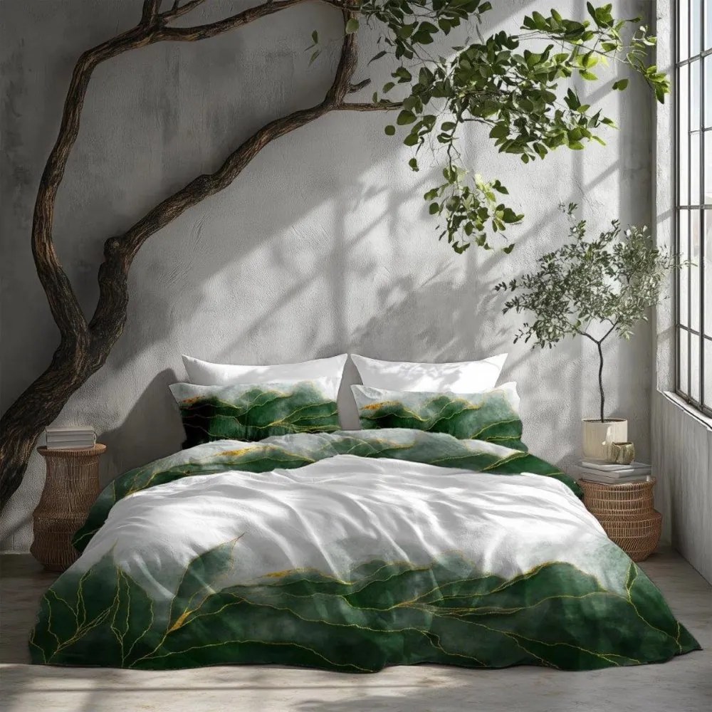 Спални чаршафи от памучен сатен със зелено-златиста абстрактна шарка 3 časti: 1ks 160x200 + 2ks 70x80