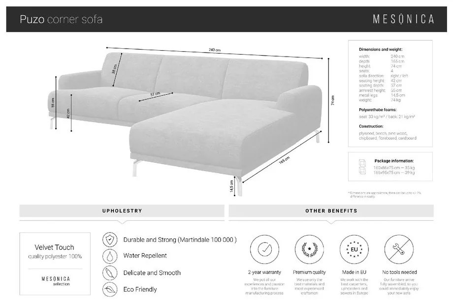 Тъмно сив ъглов диван от кадифе , ляв ъгъл Puzo - MESONICA
