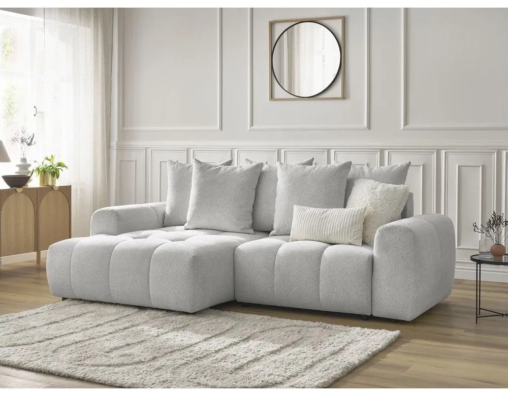 Светлосив шенилов разтегателен ъглов диван с място за съхранение (ляв ъгъл) Roxelane – Bobochic Paris