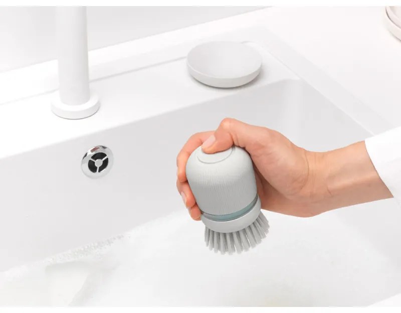 Дозатор за течен сапун с четка за миене на съдове Brabantia Sinkside 1003318, 100 мл, Полиестерни четчици, Поставка, Светлосив