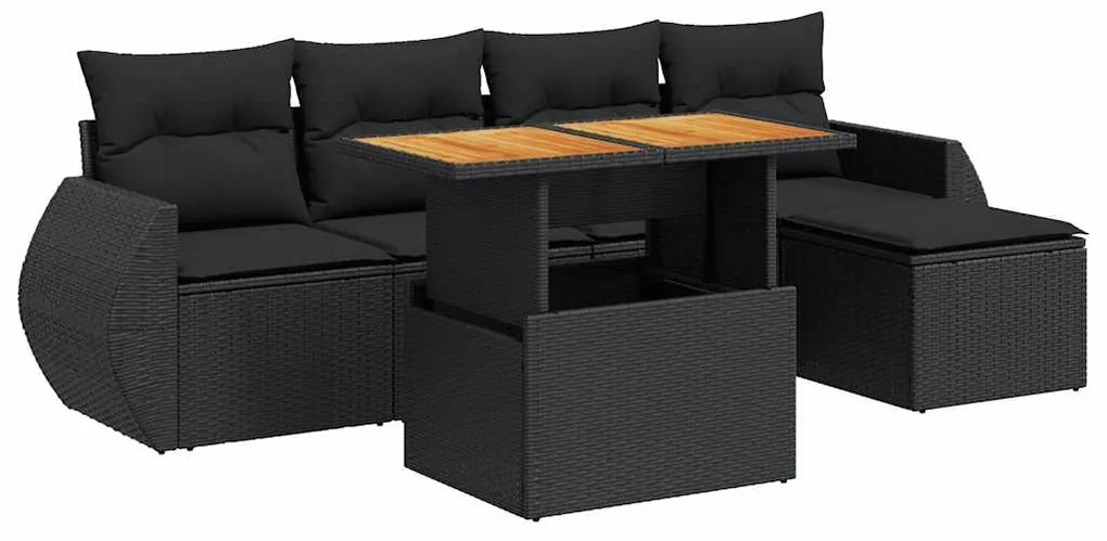 3327247 vidaXL Градински диван с възглавници, 6 части, черен, полиратан