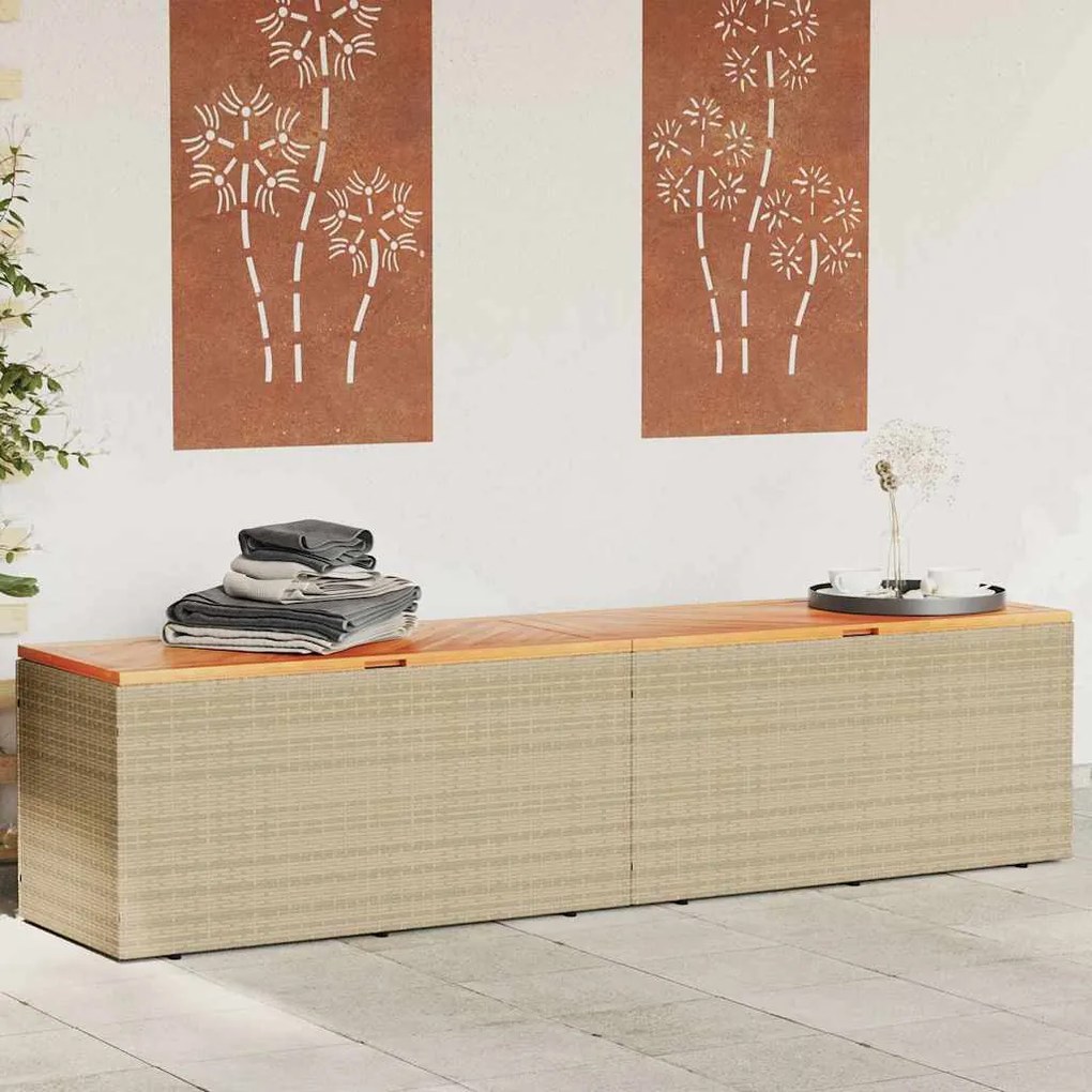 365960 vidaXL Градинска кутия за съхранение бежов 220x50x54см PE ратан акация