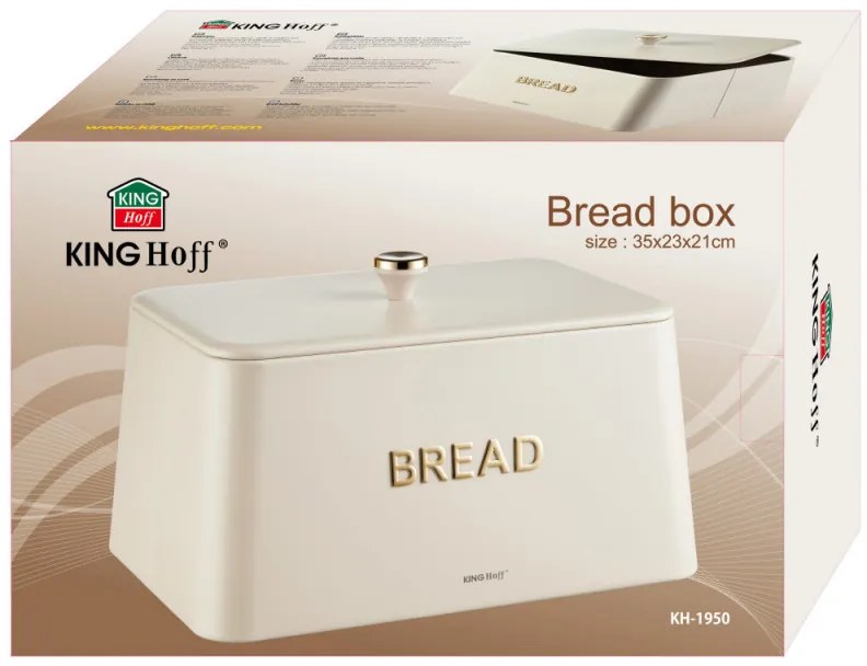Кутия за хляб Kinghoff KH 1950, 35 см, Метално тяло, Бамбуков капак, Бежов/златист