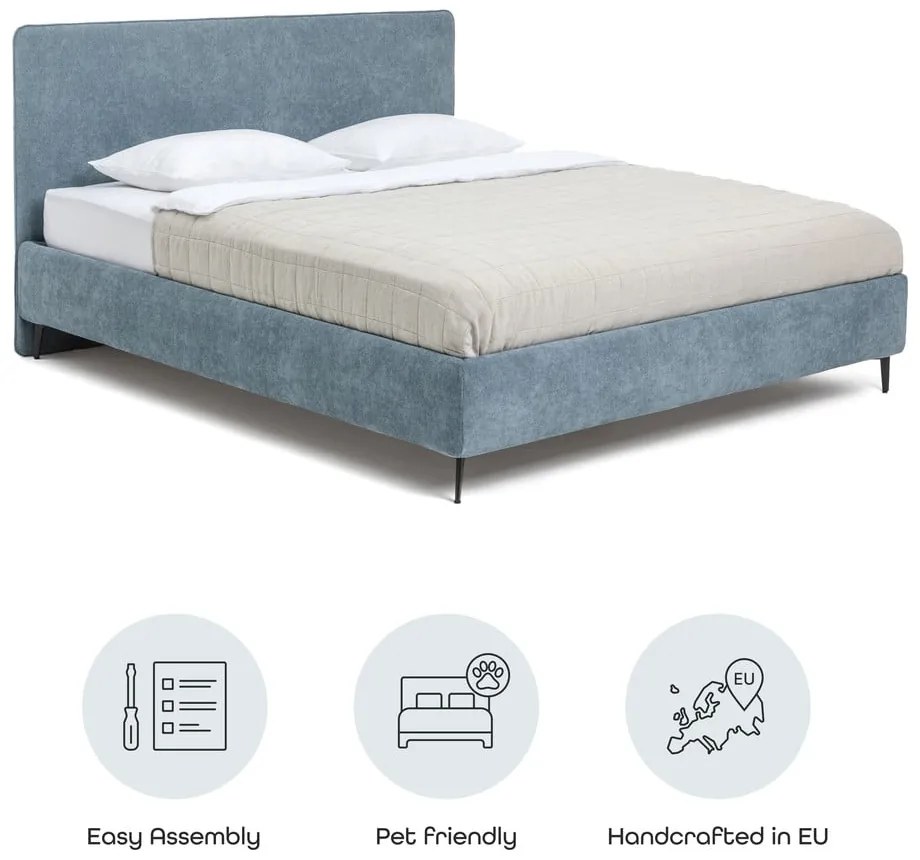 Синьо тапицирано двойно легло с включена подматрачна рамка 180x200 cm Noira Slim – Bonami Selection