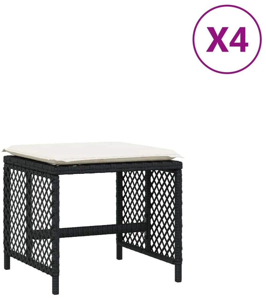 365048 vidaXL Външни табуретки с възглавници 4 бр черни 41x41x36 см полиратан