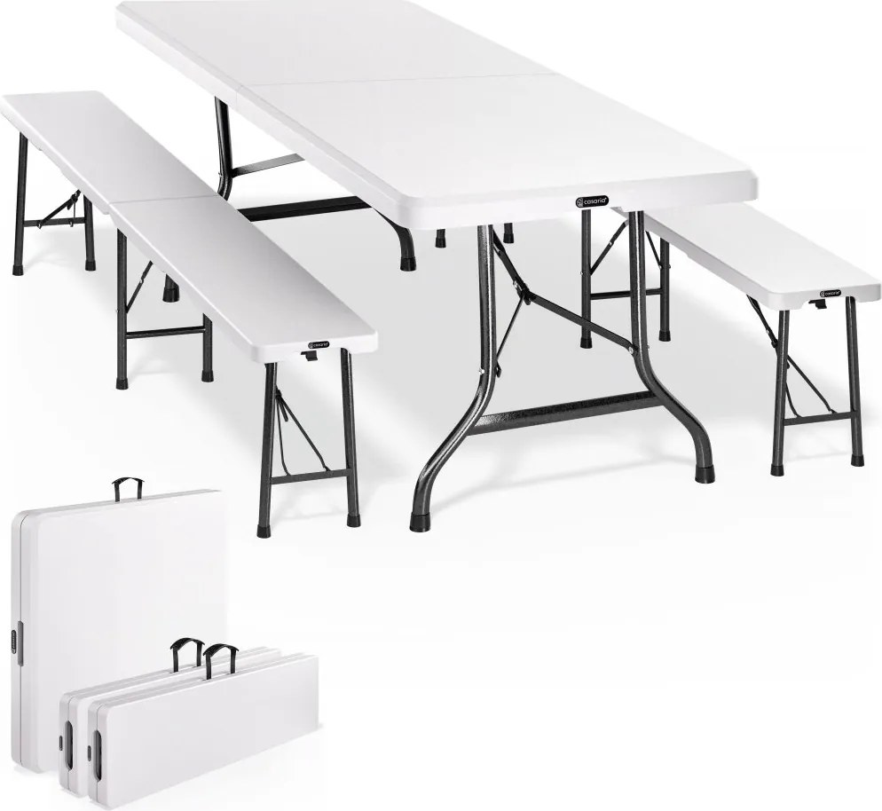 Сгъваем бял бирен комплект с маса и 2 пейки