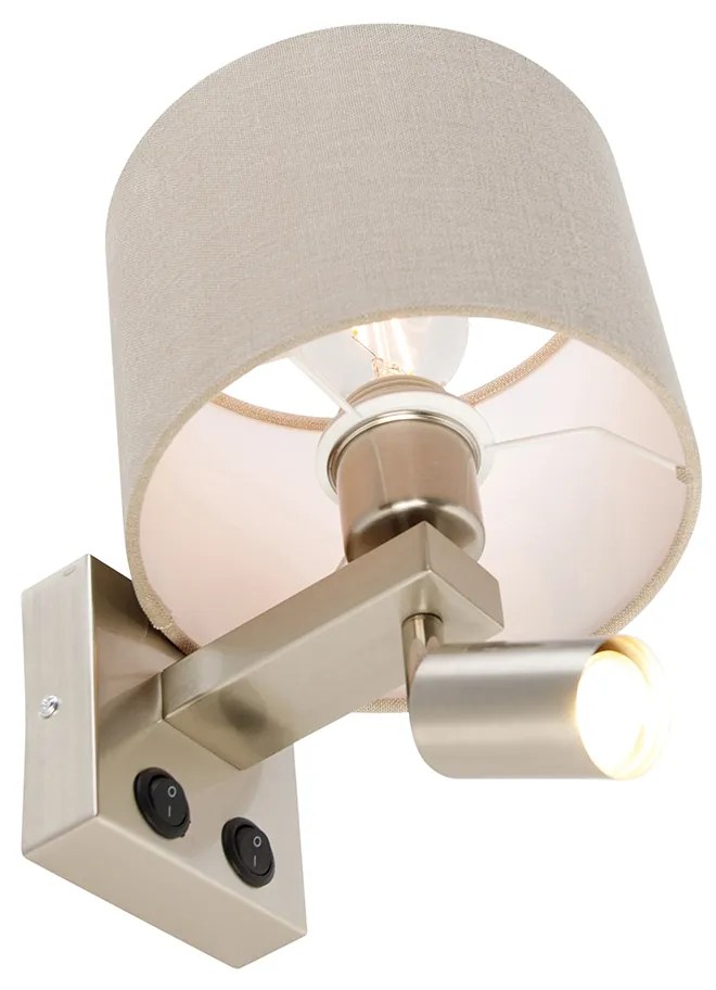 Стенна лампа от стомана с лампа за четене и абажур 18 см светло кафява - Brescia